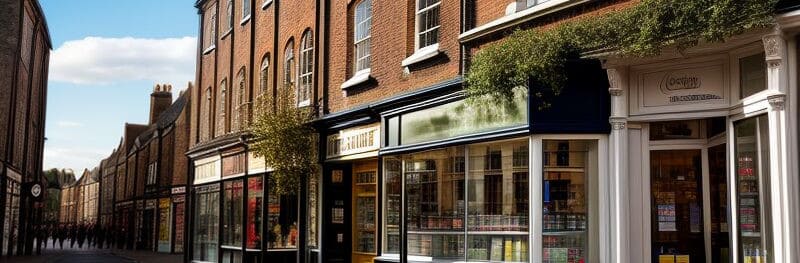 Bedford High Street with modern storefronts, representing the digital presence of local businesses