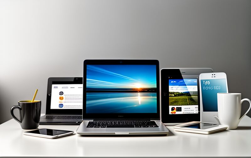 Responsive website design showcased on various devices, including desktop, tablet, and smartphone